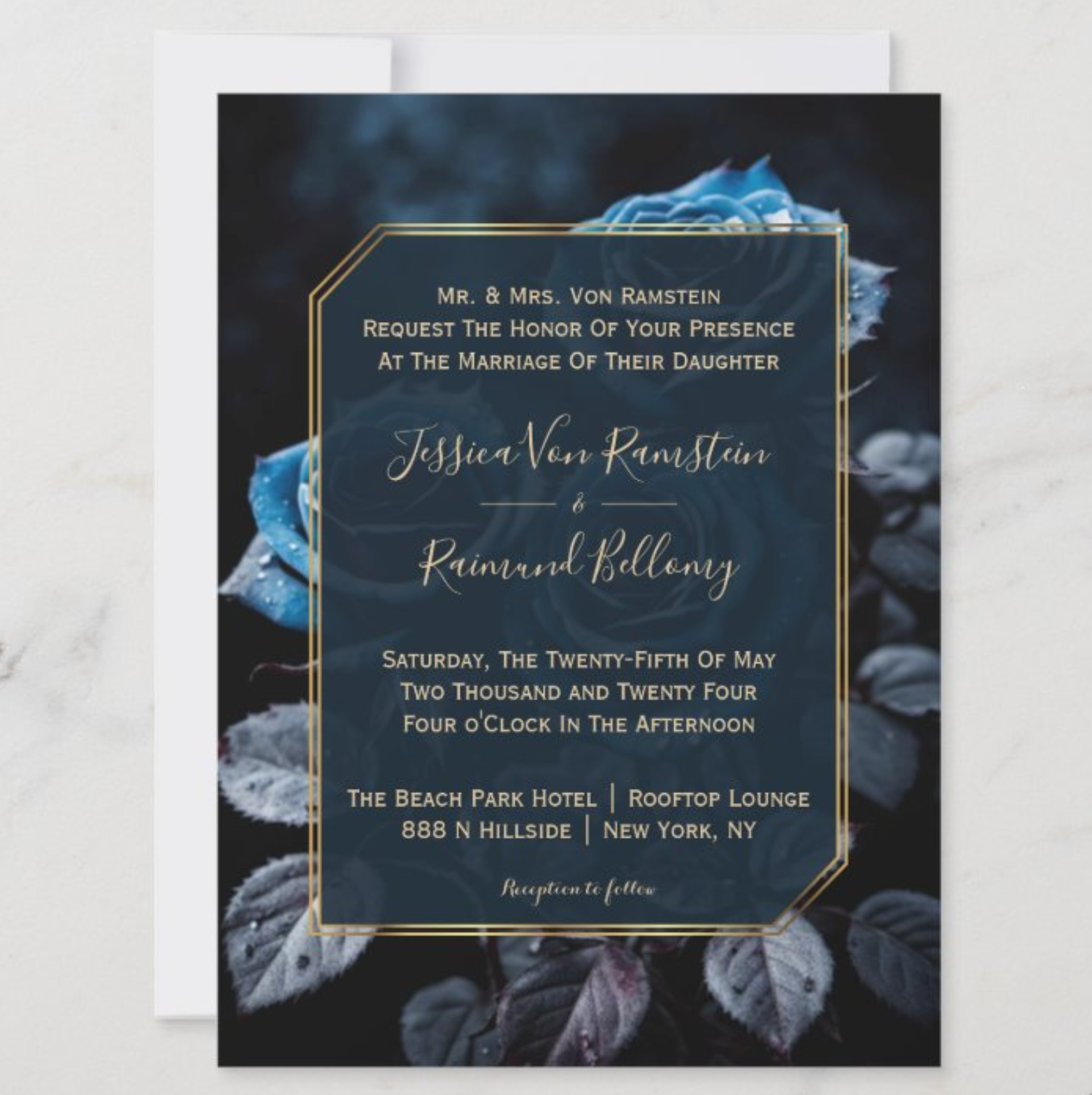 Burgundy Blue Roses Wedding Invitation