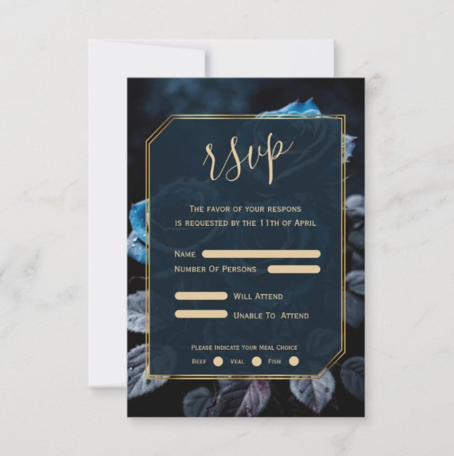 Burgundy Blue Roses Wedding RSVP Card