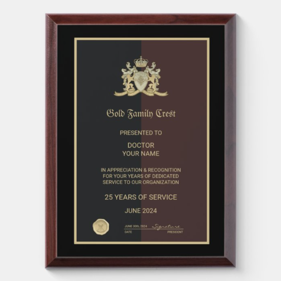 Gold Family Crest Award Plaque