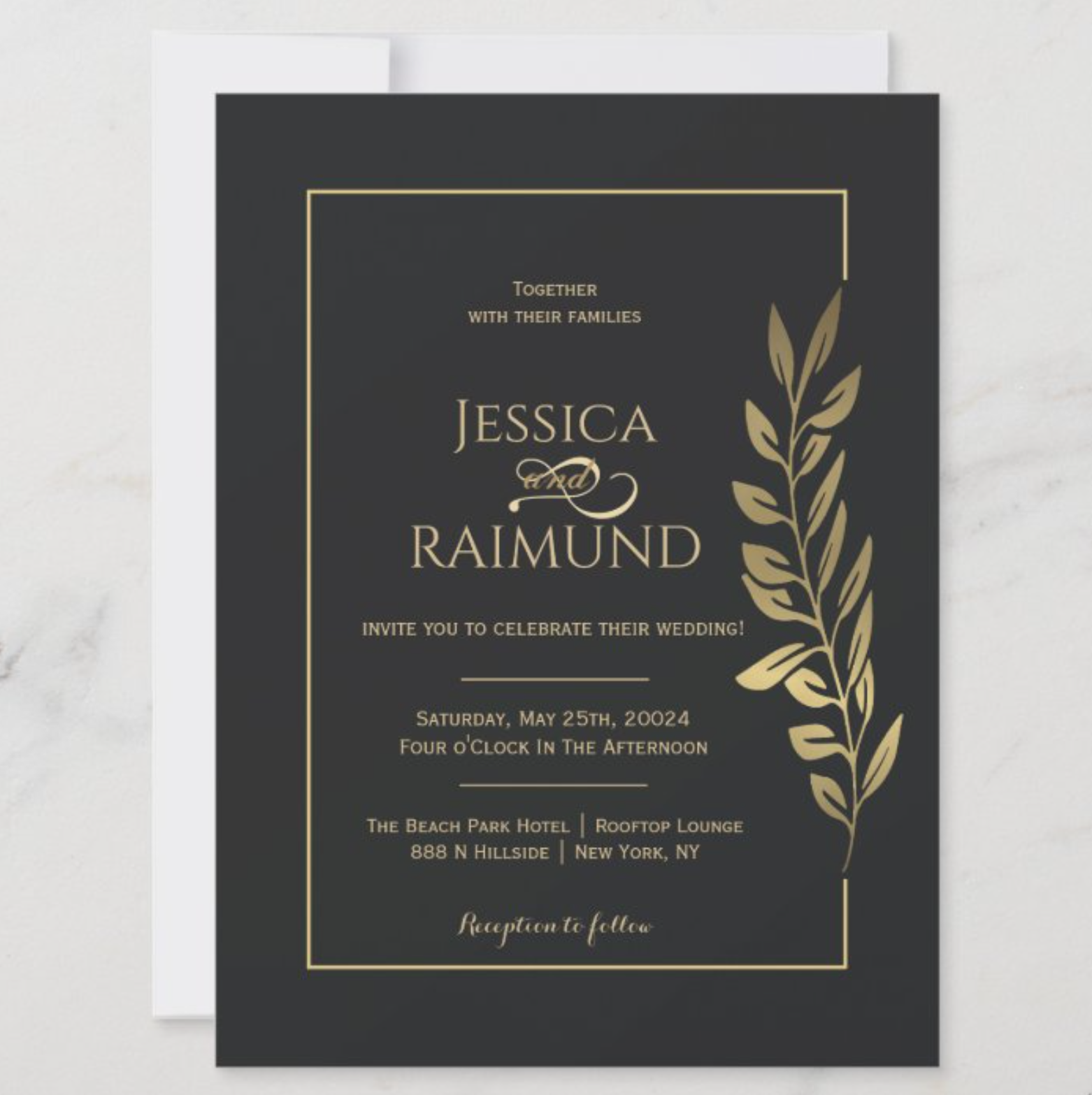 Gold Leaves Modern Black Wedding Invitation